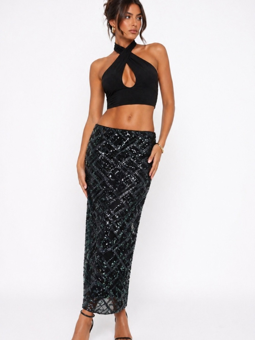 AKIRA Green Sequin Maxi Skirt High Slit Glam Evening Skirt | Small